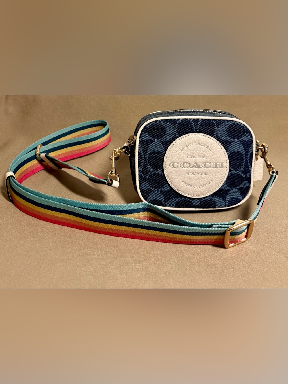 Coach Navy Signature Canvas Crossbody with Rainbow Stripe Strap